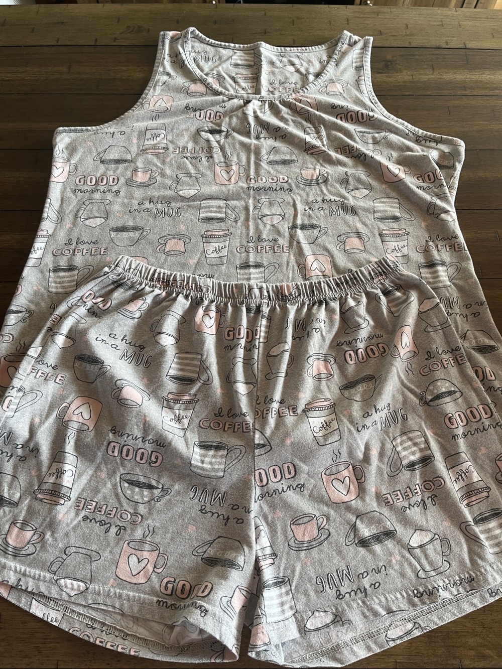 Women’s Gray & Pink Coffee Print Tank Pajama Set